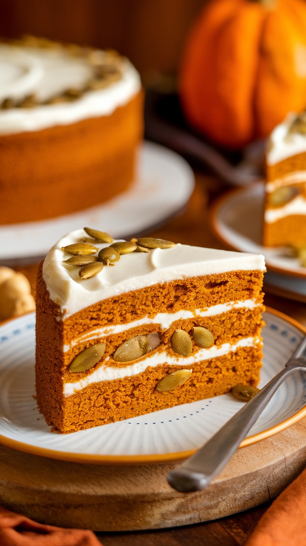 A slice of spiced pumpkin keto cake on a plate with pumpkin seeds on top.