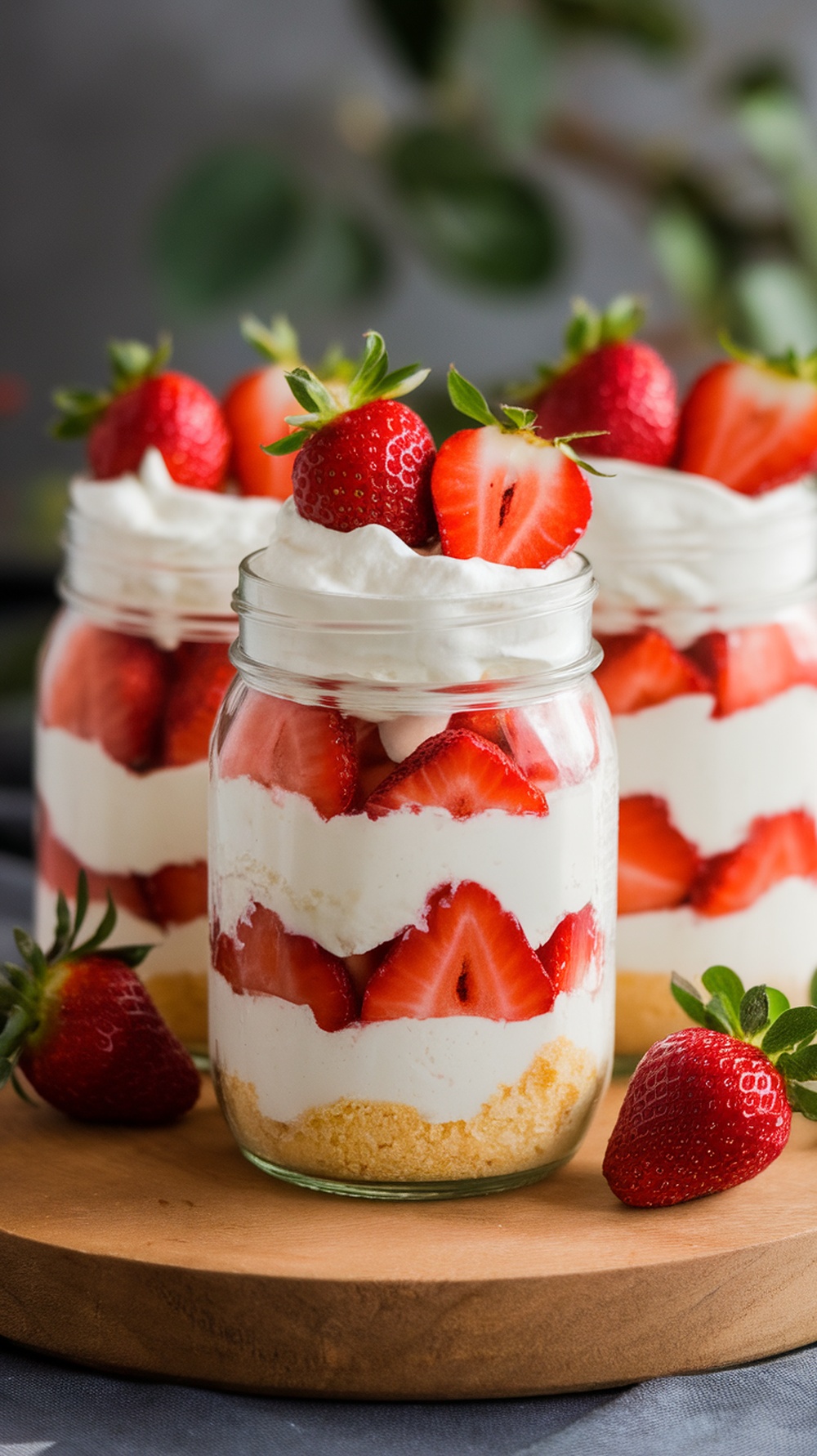 Delicious strawberry shortcake jars layered with cream and strawberries.