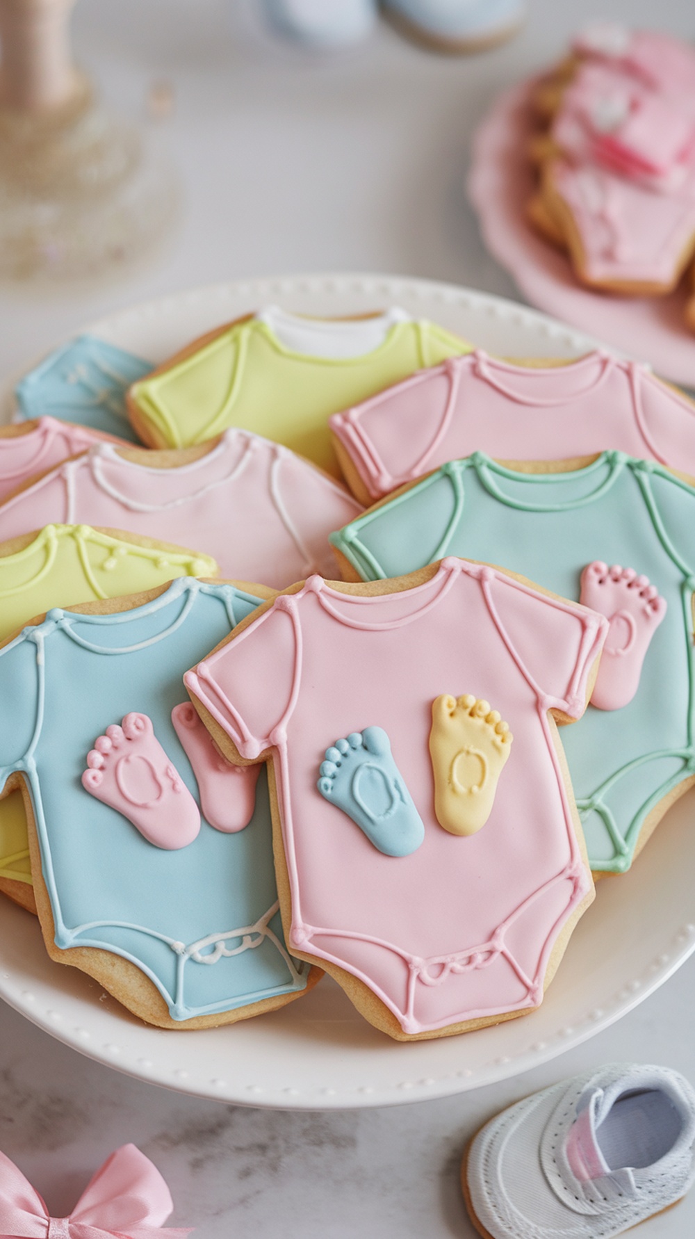 Colorful sugar cookies shaped like baby onesies, decorated with icing.