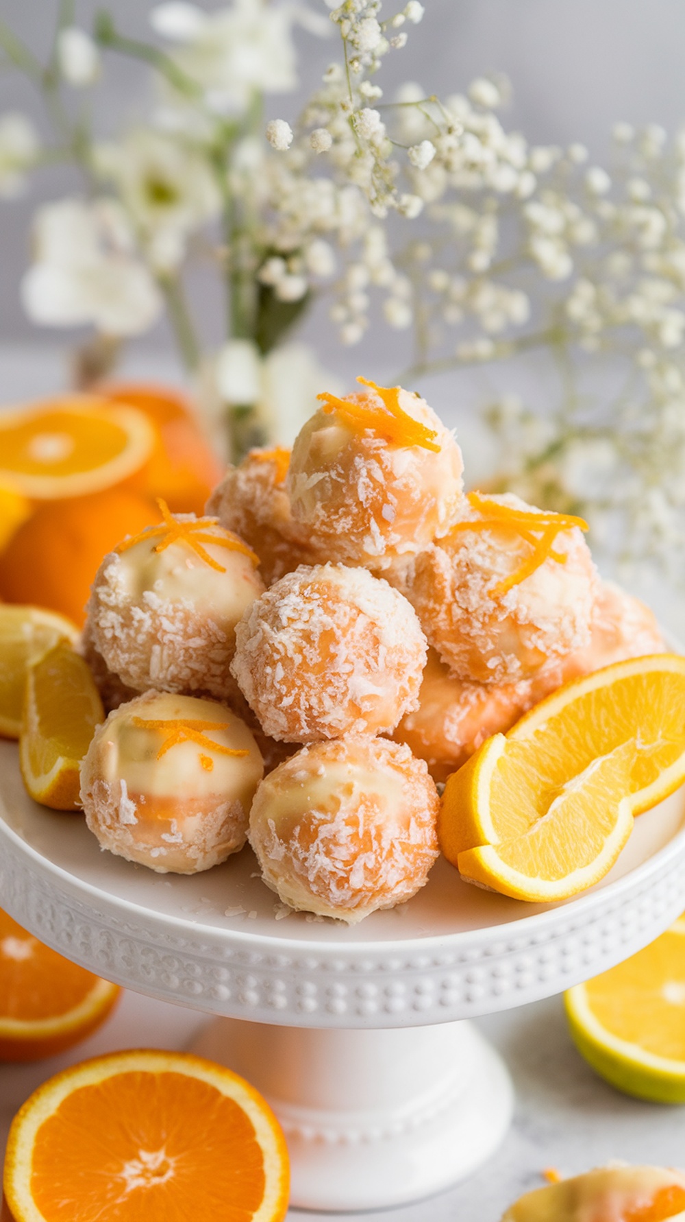 A plate of no-bake orange creamsicle truffles, garnished with orange slices and flowers.