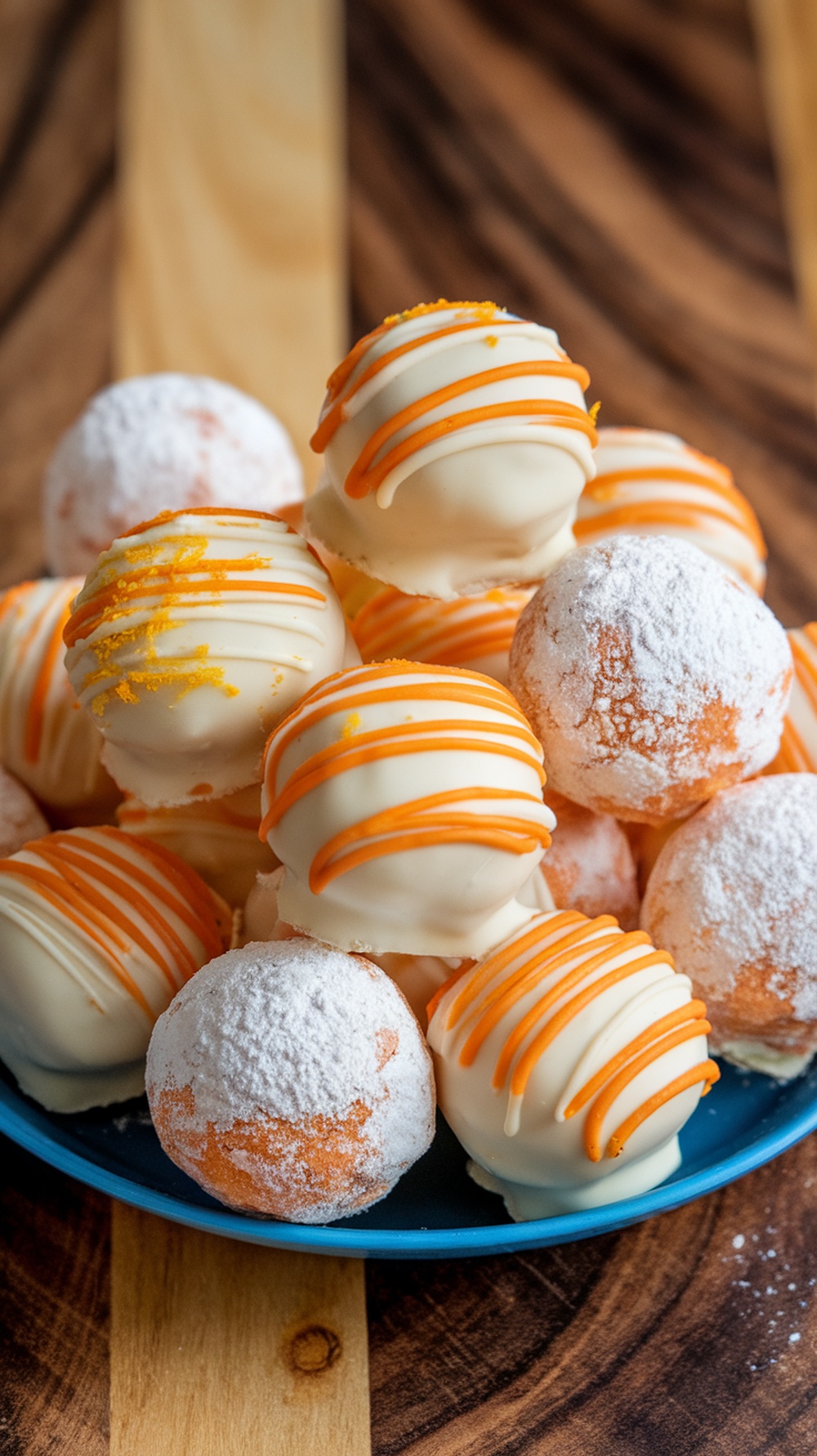 A plate of no-bake orange creamsicle truffles with white chocolate drizzle.