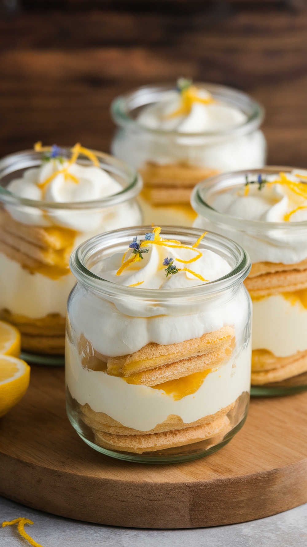 Lemon tiramisu in jars with lemon slices and decorative flowers
