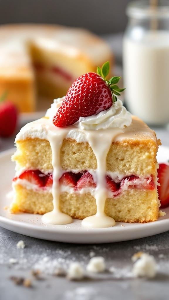 A delicious slice of Tres Leches Cake topped with a strawberry and creamy sauce.