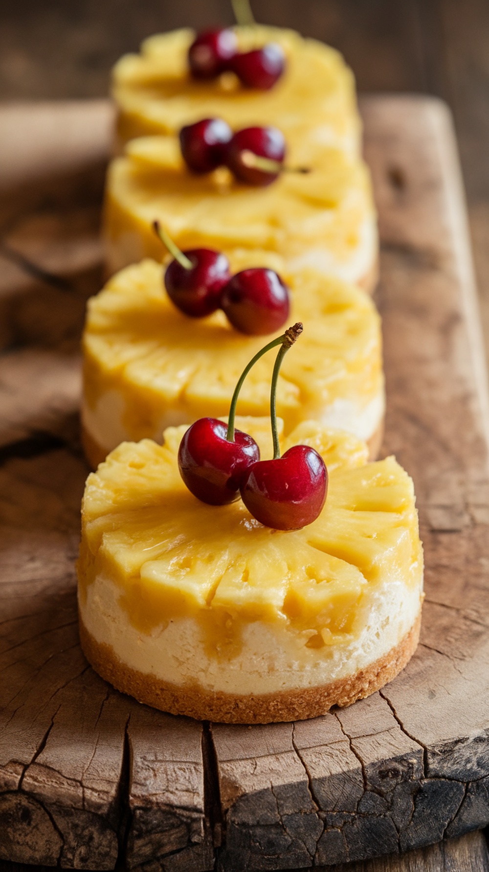 Mini pineapple upside-down cheesecakes topped with cherries on a wooden board