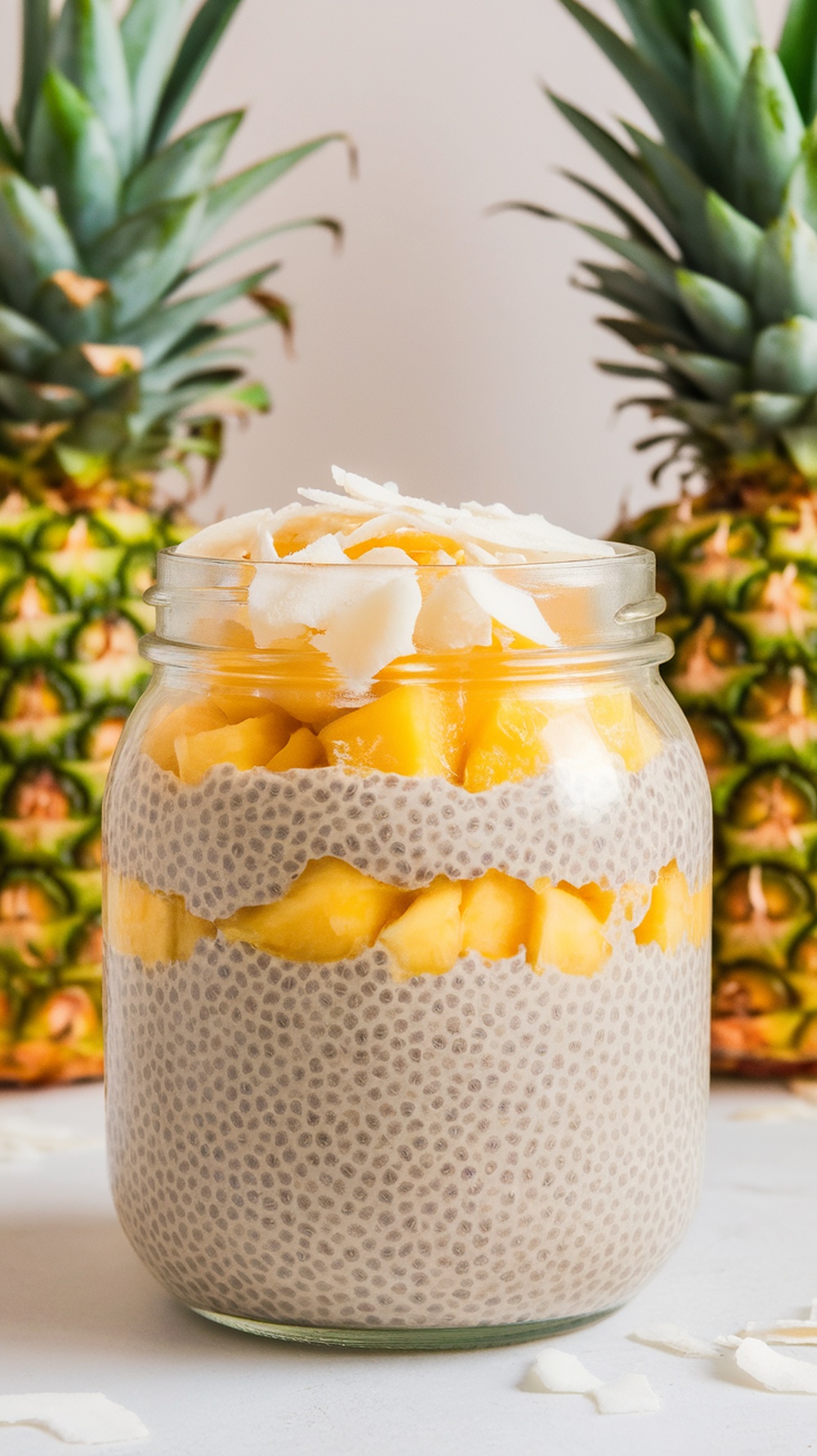 A jar of tropical pineapple chia pudding layered with pineapple and topped with coconut flakes.