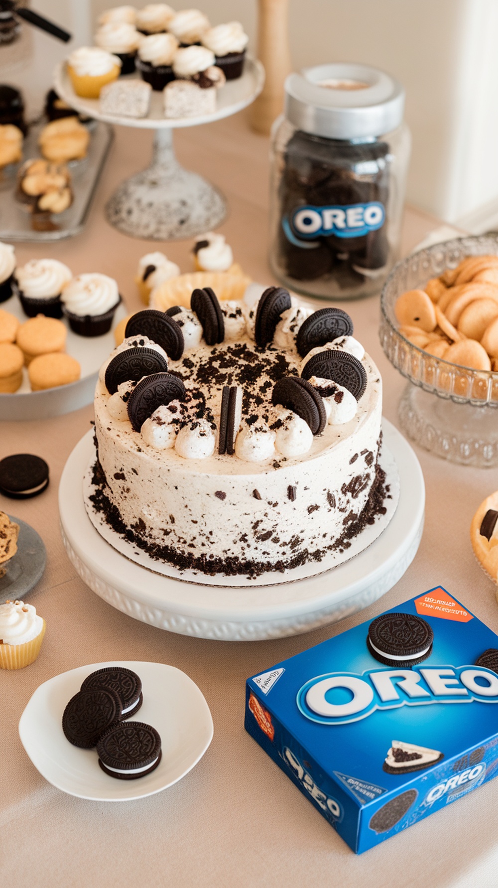 An elegant no-bake Oreo ice cream cake surrounded by various desserts.