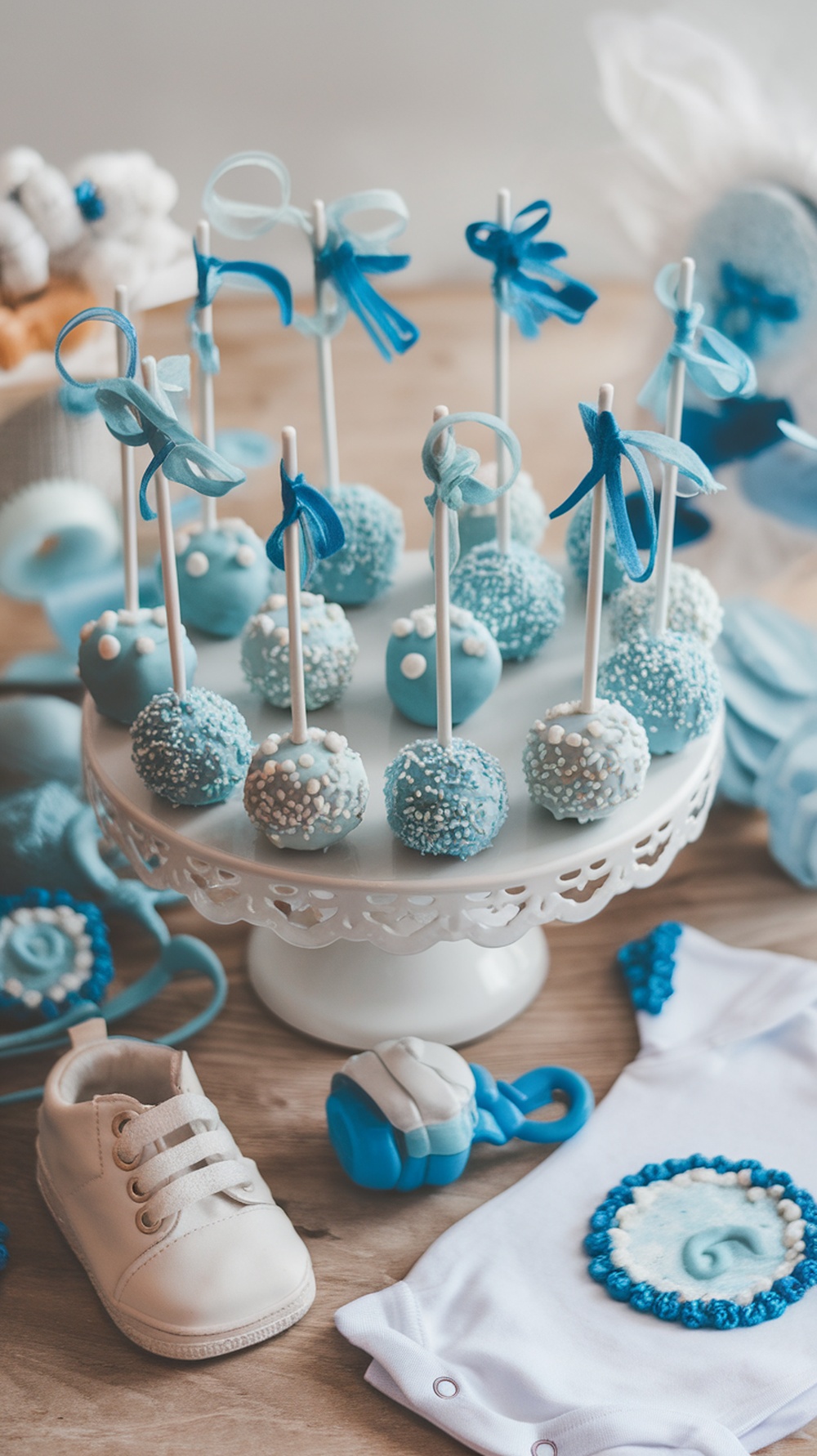 A display of blue and white vanilla bean cake pops decorated with sprinkles and bows, surrounded by baby shower items.