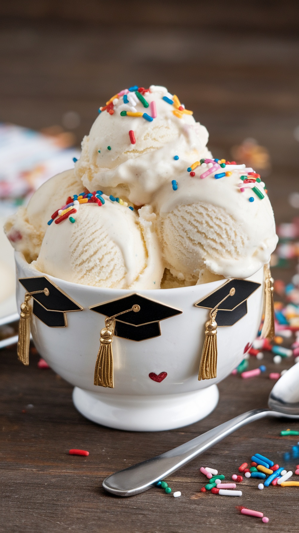 Vanilla ice cream topped with colorful graduation sprinkles in a festive bowl.