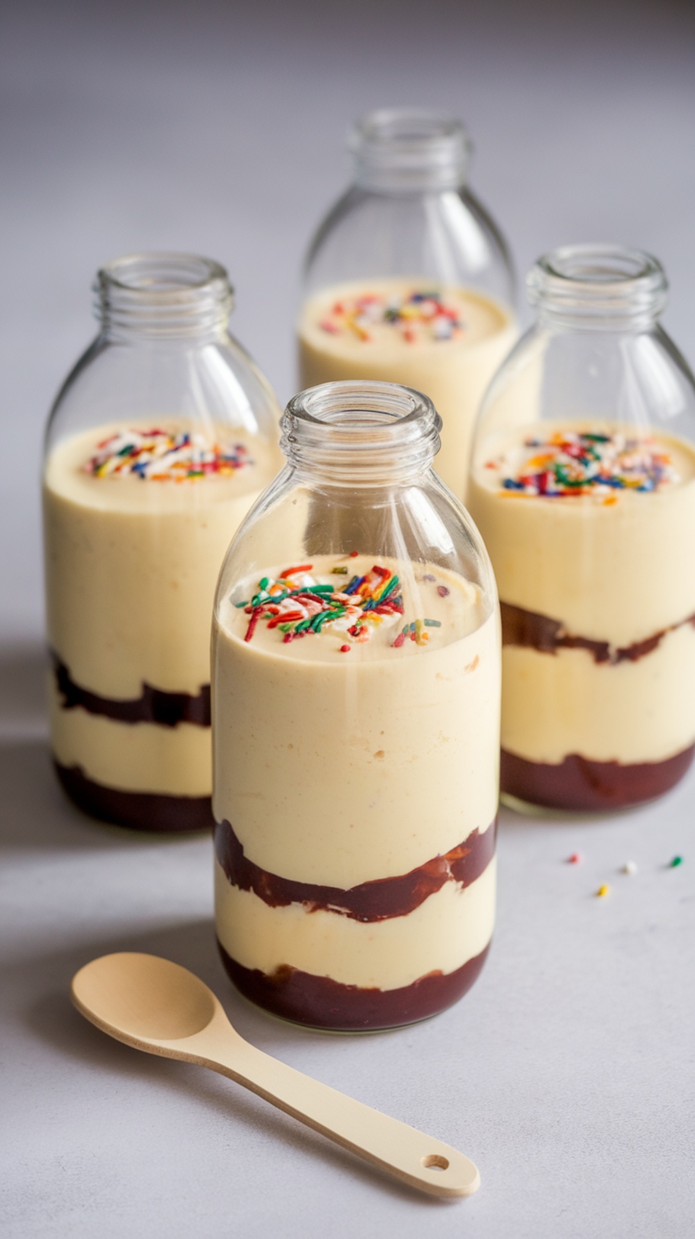 Vanilla pudding parfaits layered in baby bottles with sprinkles on top.