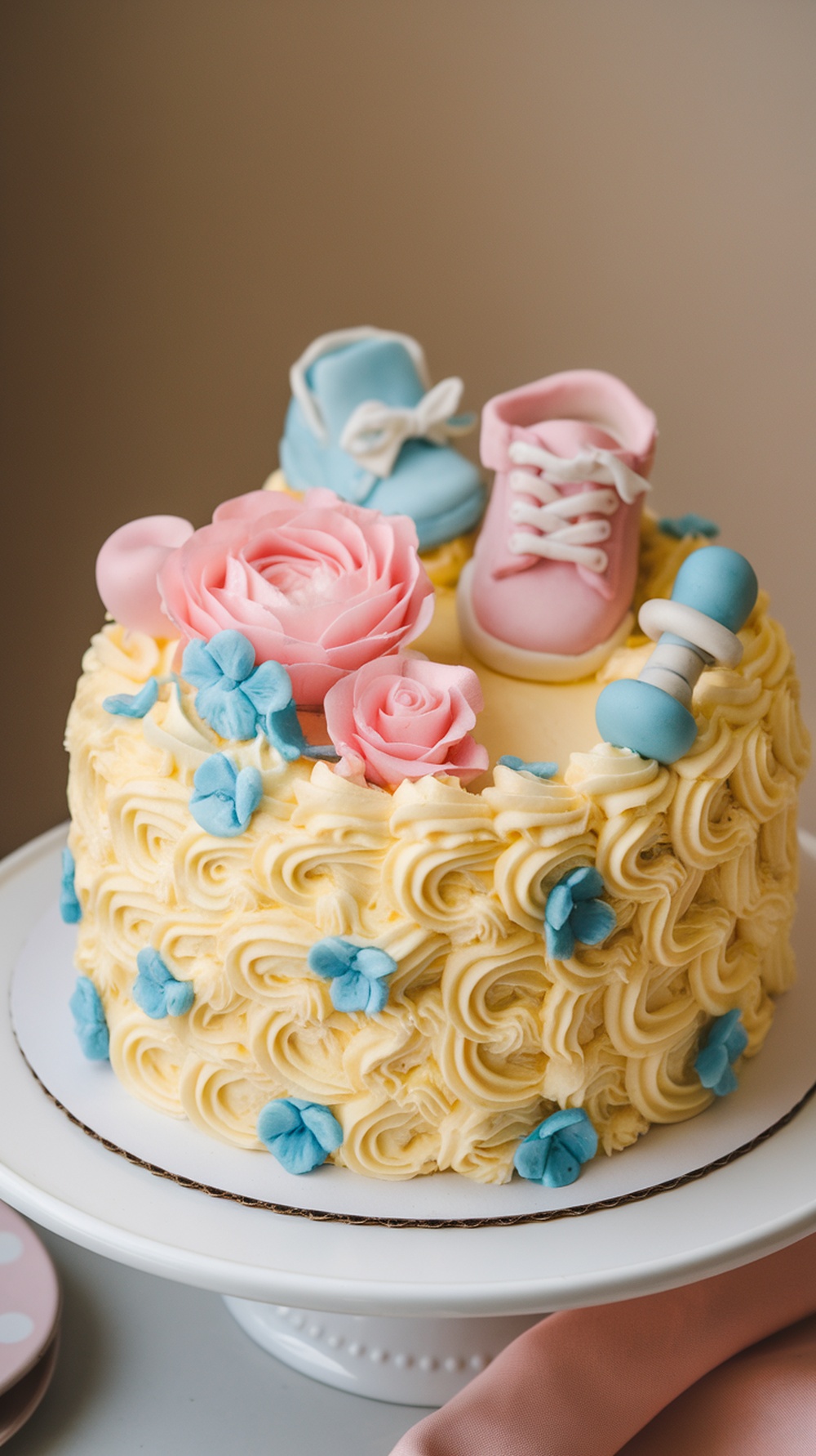A beautiful yellow cake adorned with buttercream frosting and decorative flowers, ideal for a baby shower.