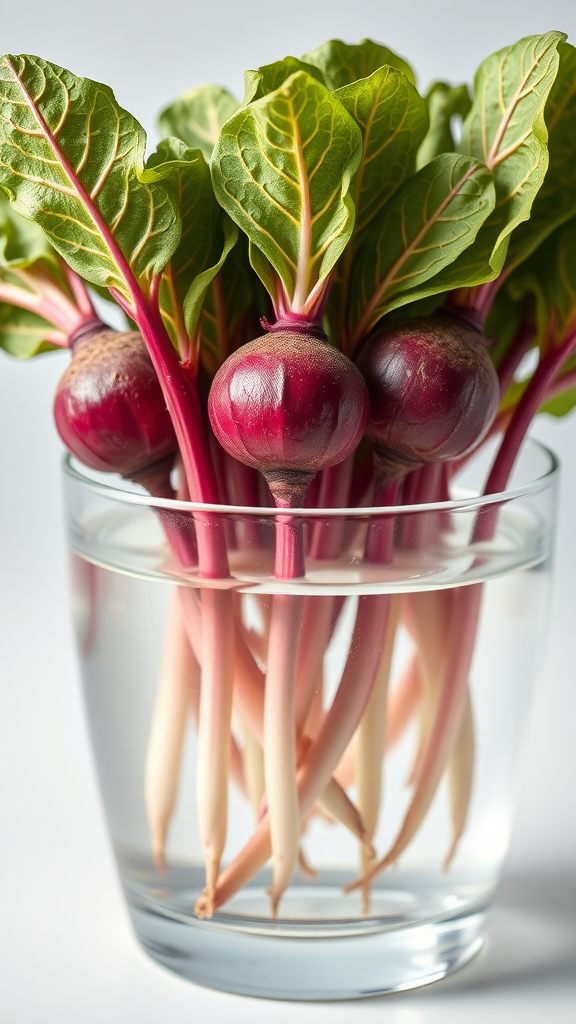 A bunch of beet greens with roots submerged in water, showcasing the regrowing process.