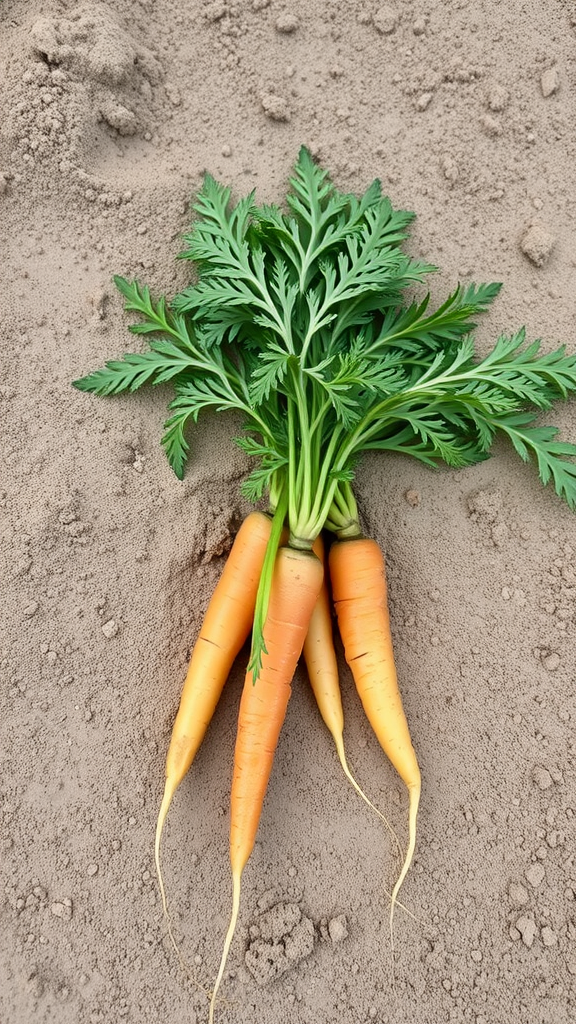 A bunch of freshly harvested carrots with green leaves, resting on sandy soil.