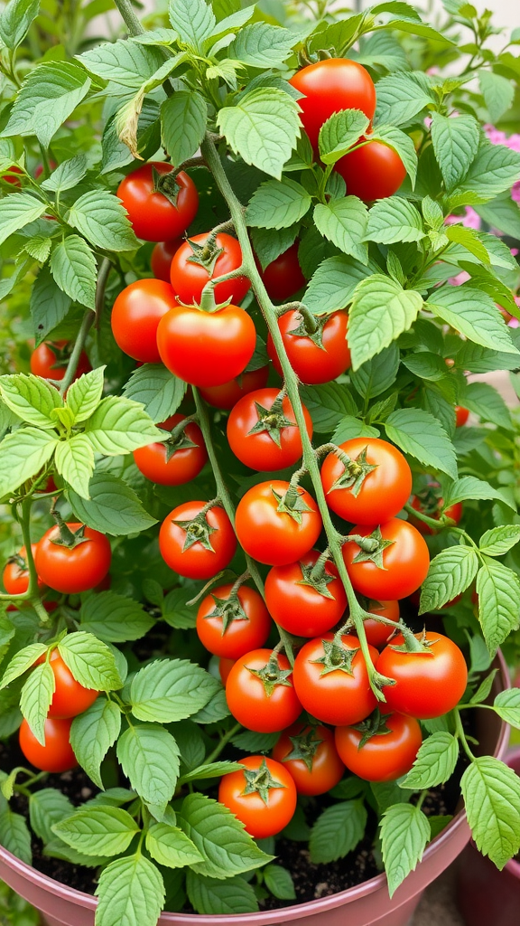 A healthy cluster of ripe cherry tomatoes on a green plant in a container.