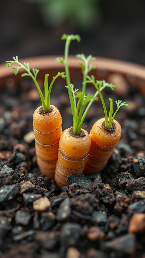 Three small, compact carrots growing in a container filled with dark soil.