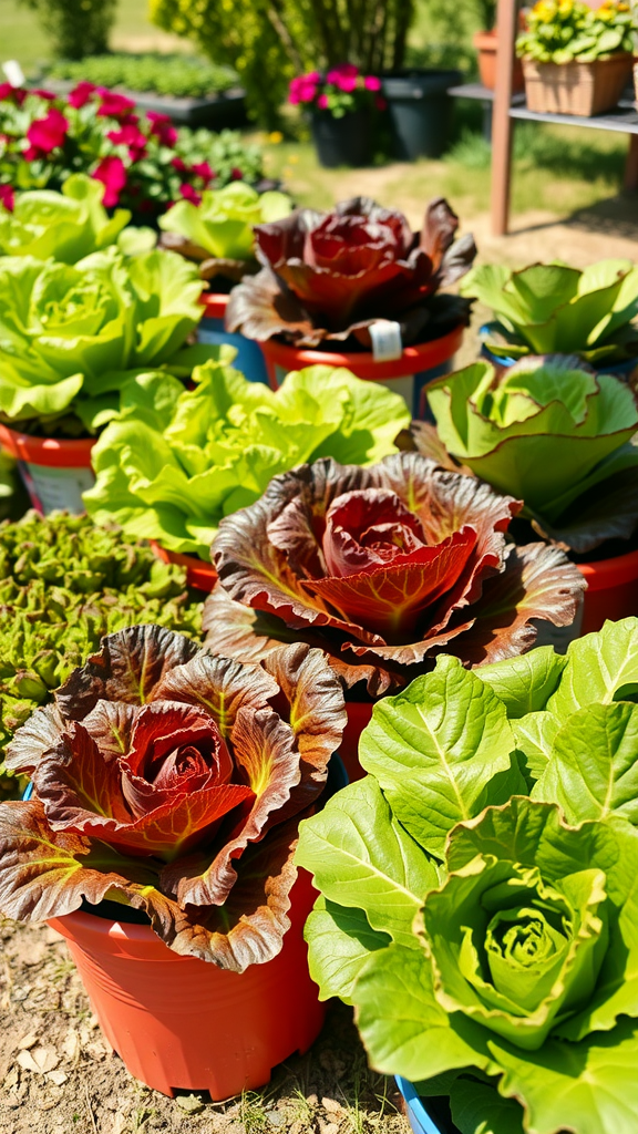 Various lettuce varieties in pots, showcasing vibrant green and red leaves