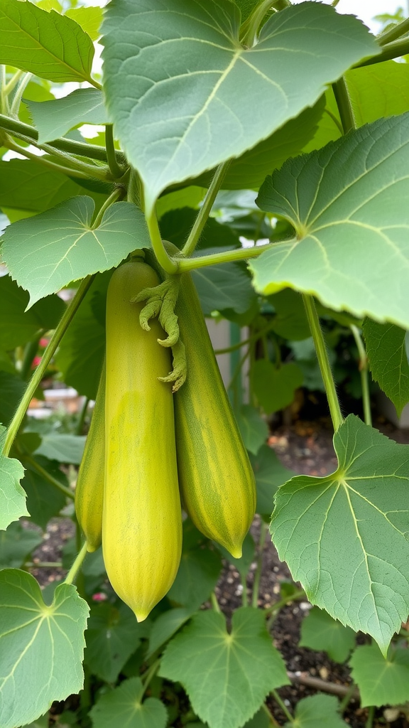 Close-up of cucumbers growing on a plant surrounded by large green leaves