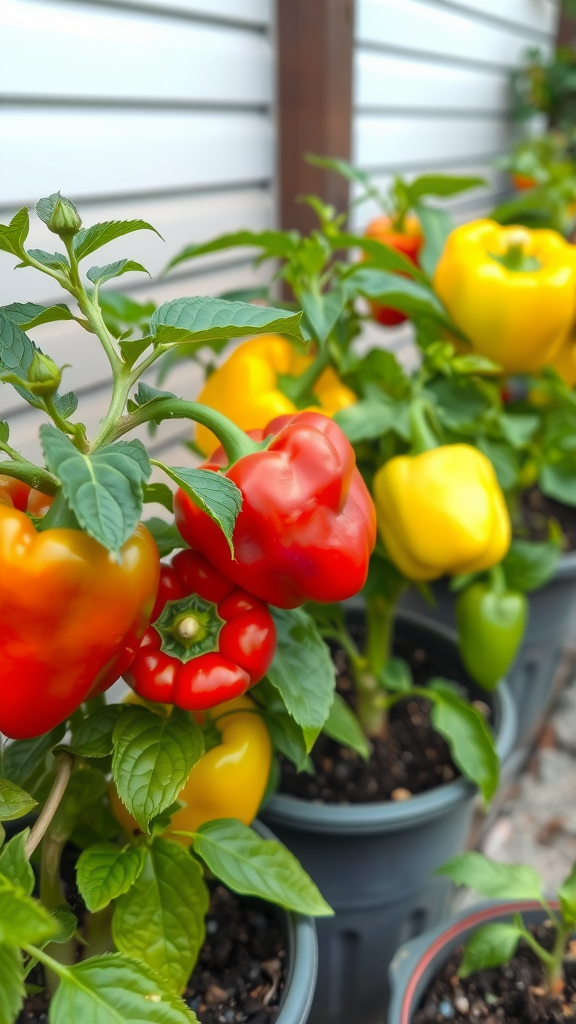 Colorful bell peppers growing in small pots