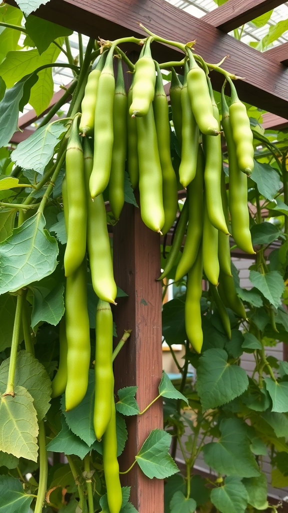 Close-up of green beans hanging from a trellis