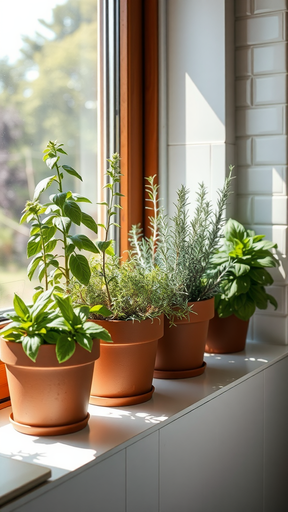 A sunny window with various potted herbs including basil, rosemary, and thyme.