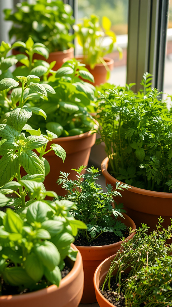 Potted herbs growing indoors by a sunny window