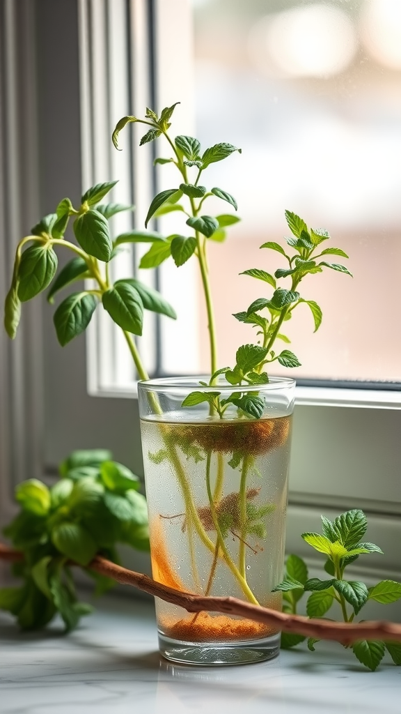 A glass of water with green herb stems growing in it, placed on a windowsill.