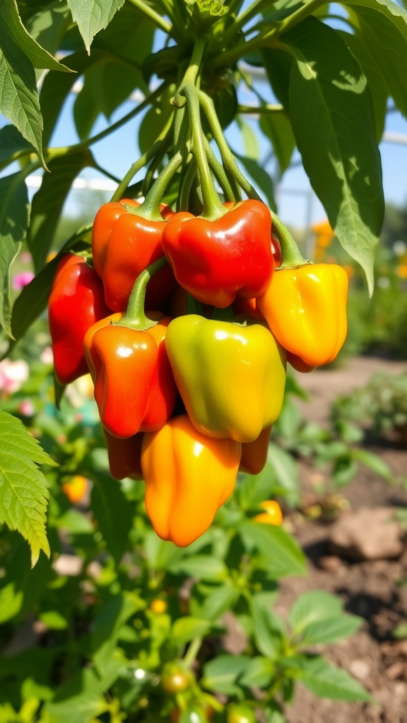 A bunch of colorful peppers hanging from a plant in a garden.