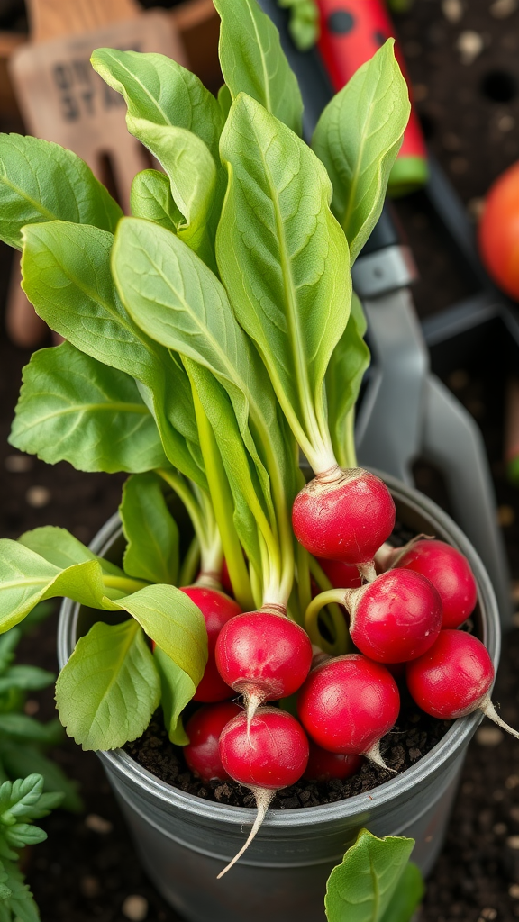 A close-up of freshly harvested radishes in a container garden.