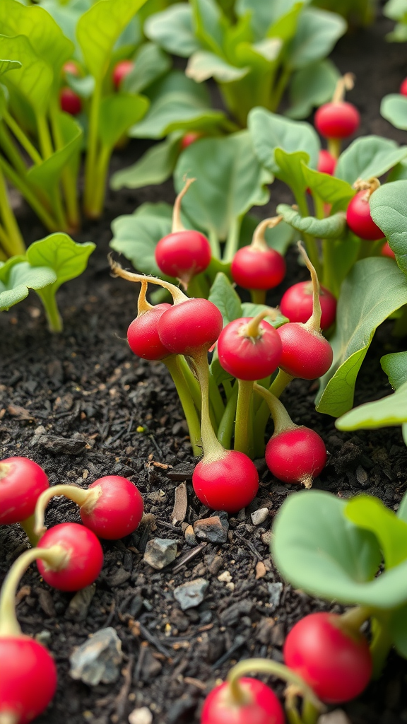 Close-up image of red radishes growing in a garden bed