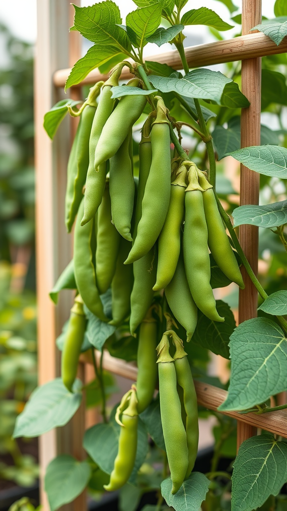 A close-up of fresh snap peas climbing on a trellis in a garden.