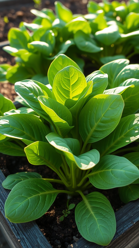 Fresh green spinach plants growing in a garden bed.