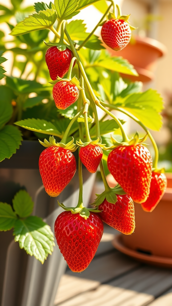 Close-up of ripe strawberries hanging from a plant in an elevated planter.