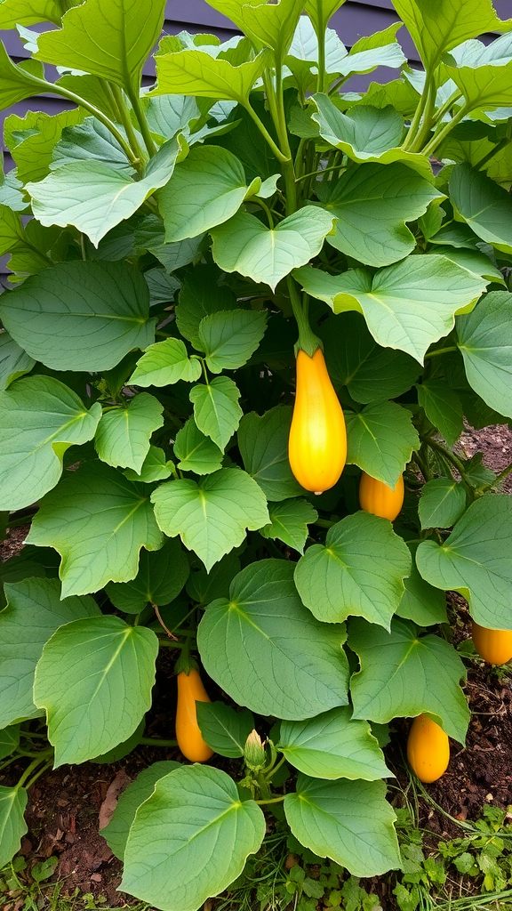 A vibrant plant with large green leaves and several yellow zucchini hanging from the branches