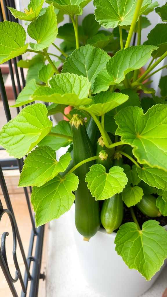 Close-up of zucchini plants with lush green leaves and ripe zucchinis growing in a container.