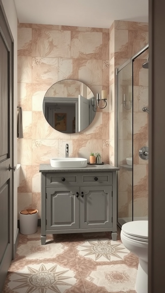 Bathroom featuring a gray vanity and artisan tile designs with intricate patterns.