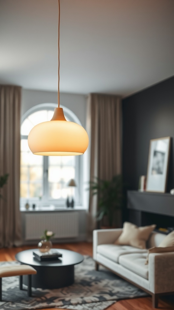 An artistic off-white light fixture hanging above a cozy living room setup.