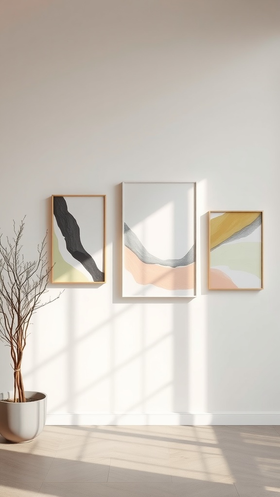 Three abstract wall art pieces in elegant frames on a light wall