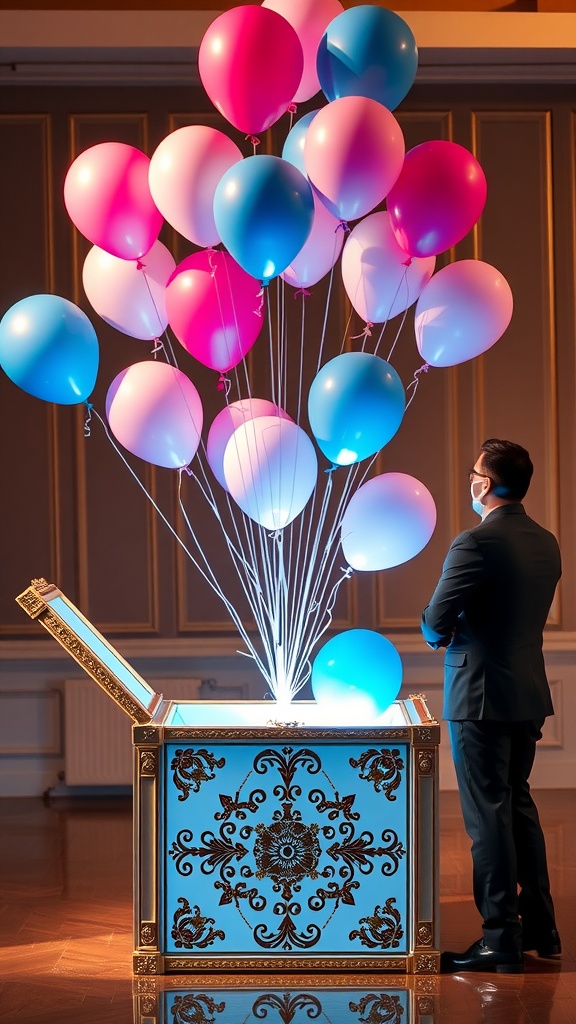 Couple opening a decorative box filled with pastel balloons for a gender reveal party