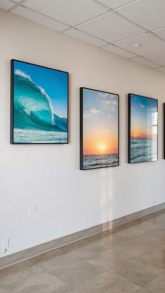 Beach-themed wall art featuring ocean waves and sunsets