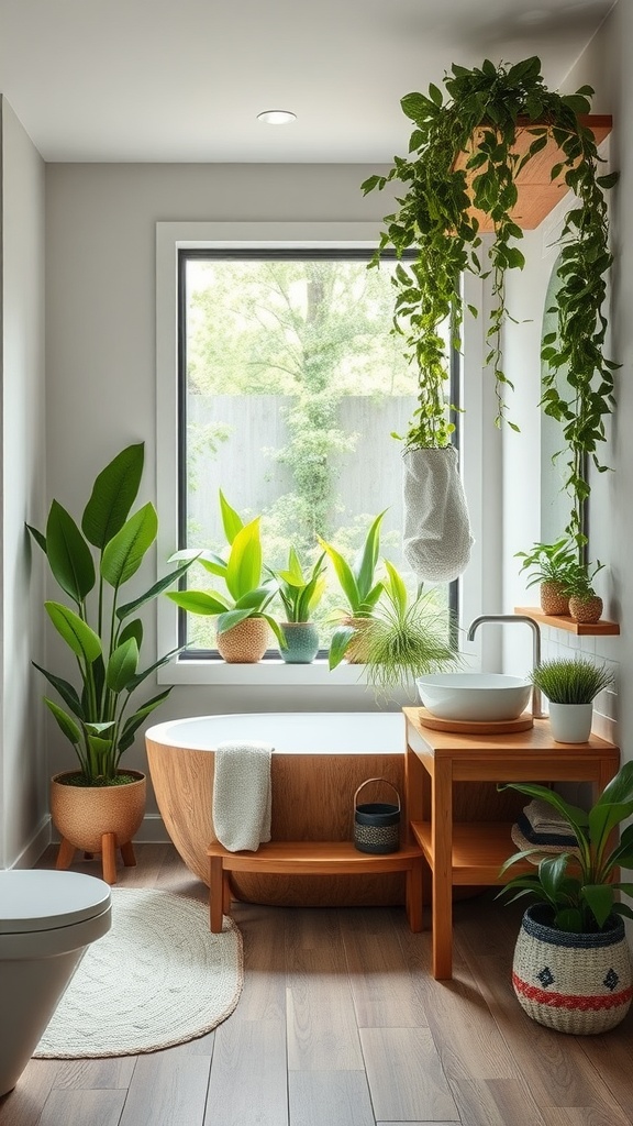 A stylish college bathroom featuring various plants, a wooden tub, and natural light from a window.