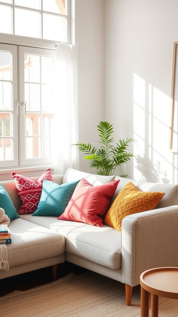 A bright and airy living room with a light sofa covered in colorful pillows, featuring a potted plant and sunlight filtering through the windows.
