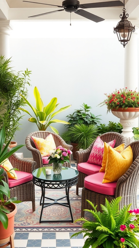 Cozy outdoor seating area with brightly colored cushions, plants, and a small table.