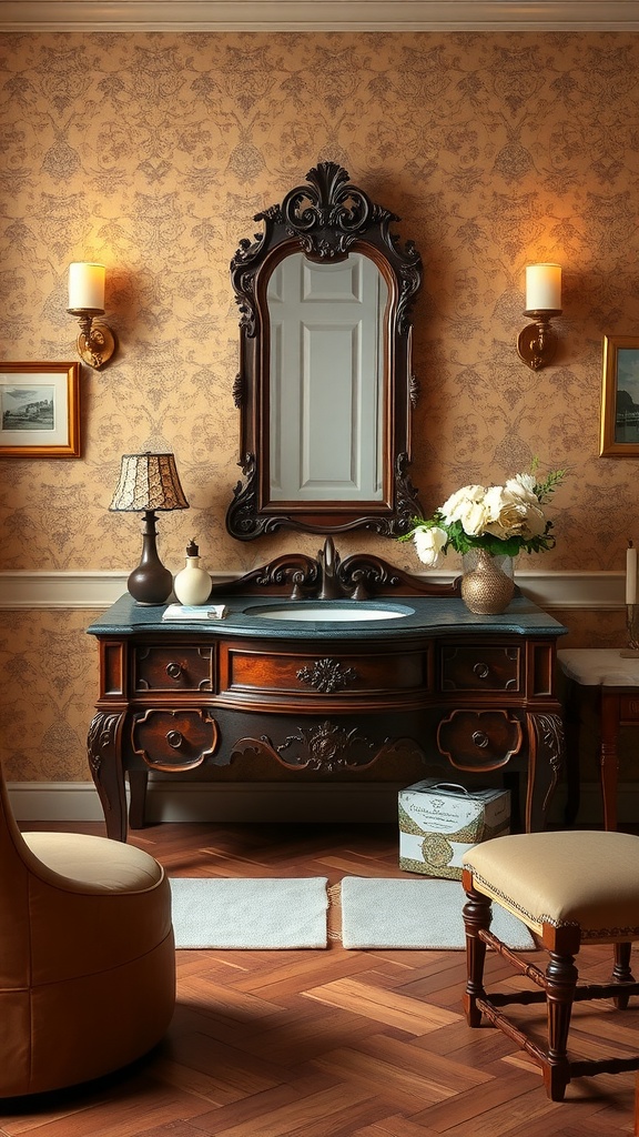 Elegant brown wooden vanity with marble countertop and ornate mirror in a stylish bathroom setting.