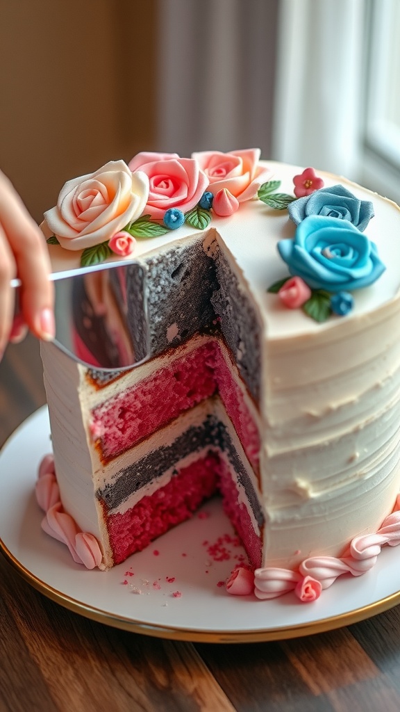 A hand slicing into a beautifully decorated cake for a gender reveal.