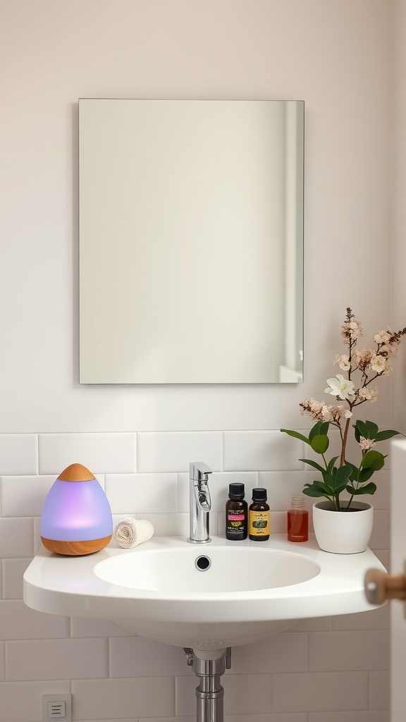A serene bathroom countertop with a diffuser, essential oils, a plant, and a rolled towel.