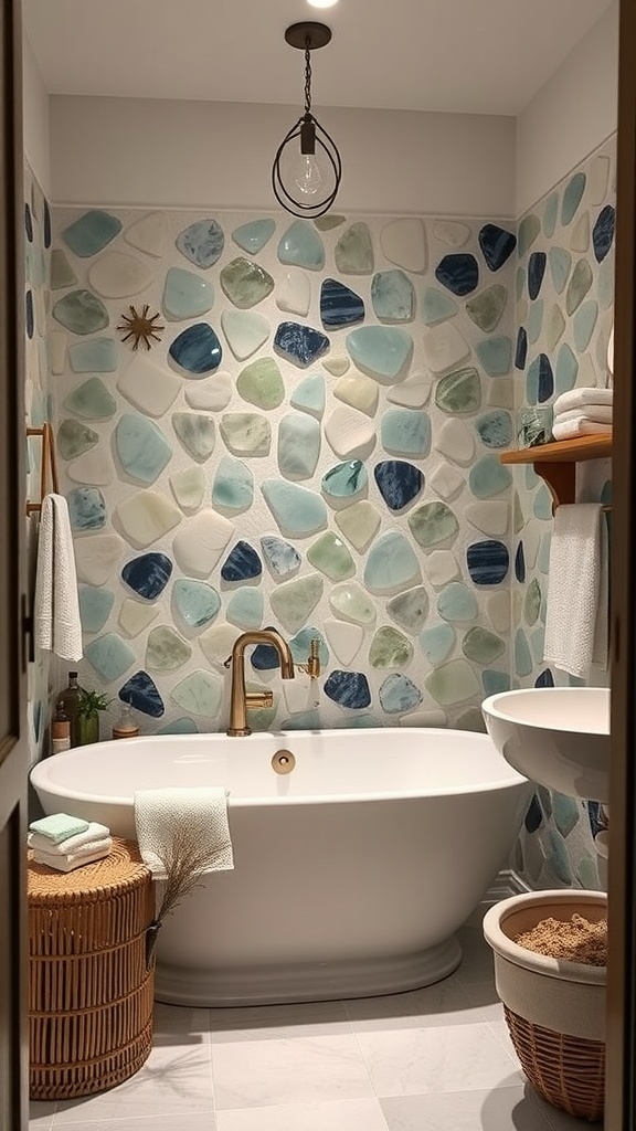 A bathroom with a wall of colorful sea glass tiles, a white freestanding tub, and natural decor.