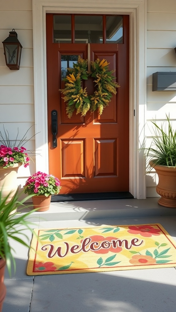 A charming welcome mat with floral design, placed in front of a door with a wreath, surrounded by potted flowers.