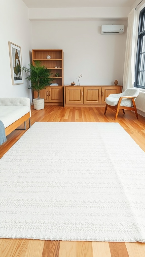A chic off-white area rug in a modern living room with wooden furniture and a potted plant.
