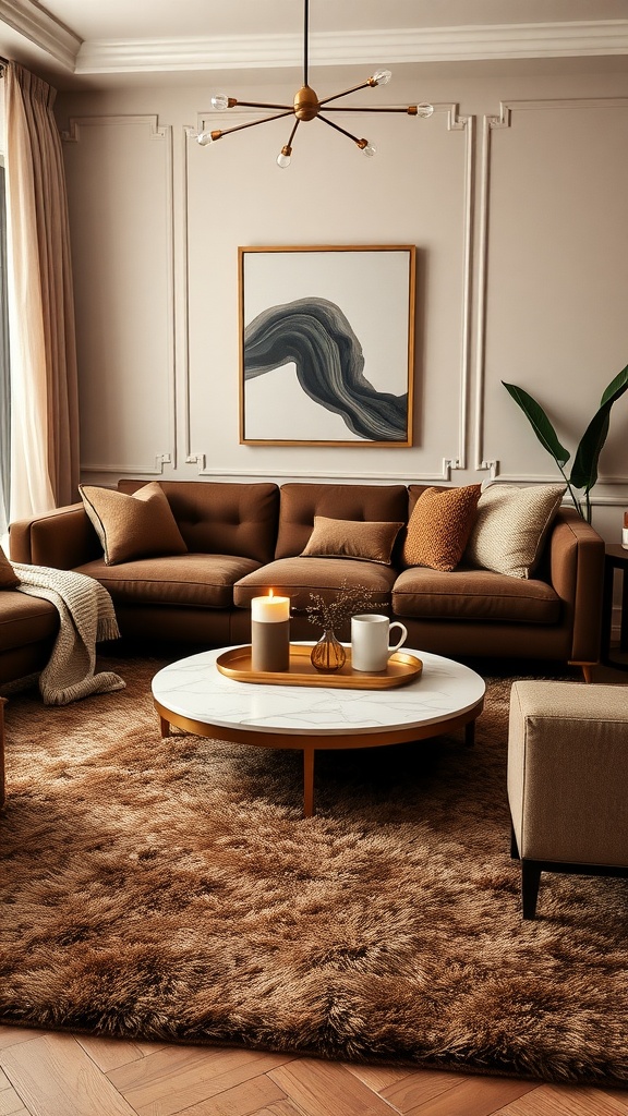 Cozy living room featuring chocolate-colored area rug, brown furniture, and stylish decor