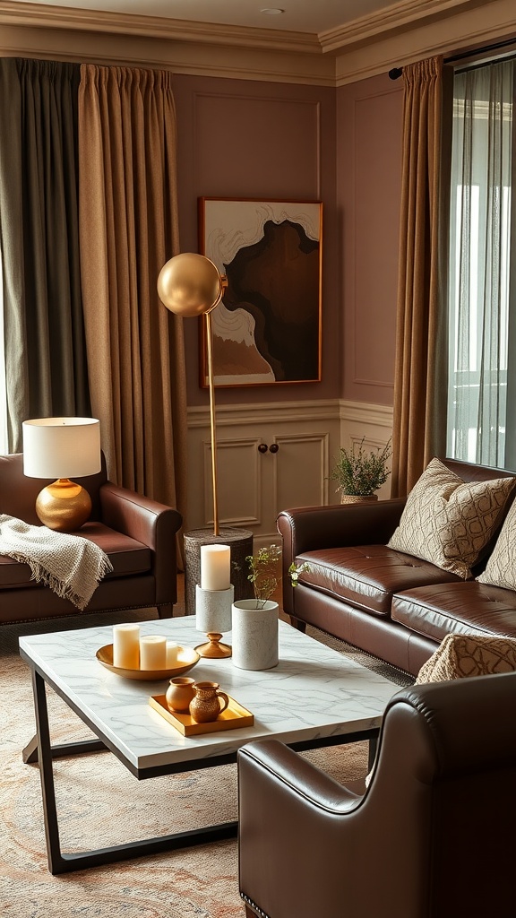 Living room with chocolate-finish side tables and unique lamps, showcasing a cozy decor