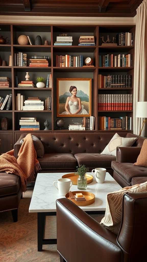 Cozy living room with chocolate-stained bookshelves filled with books and decorative items